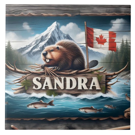 Kanadischer Biber im Landschaftlichen Fluss mit Fl Fliese (Vorderseite)