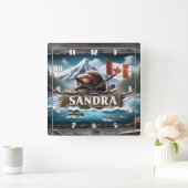 Kanadischer Biber im Landschaftlichen Fluss mit Fl Quadratische Wanduhr (Zuhause)