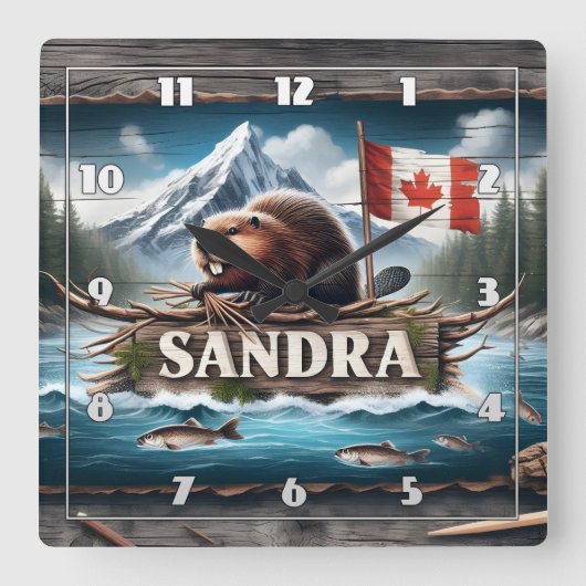 Kanadischer Biber im Landschaftlichen Fluss mit Fl Quadratische Wanduhr (Vorderseite)