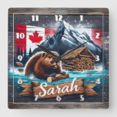 Kanadischer Biber im Wasser mit Baumstämmen in der Quadratische Wanduhr (Vorderseite)