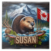 Kanadischer Biber in der Nähe des Wassers mit Ahor Fliese (Vorderseite)