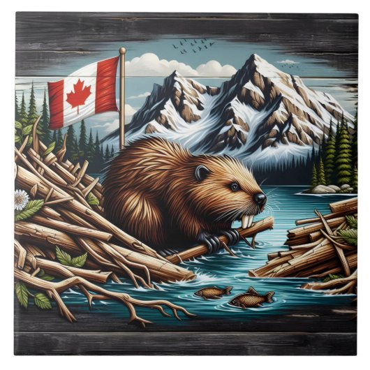 Kanadischer Biber mit Fahne am Berg Fliese (Vorderseite)