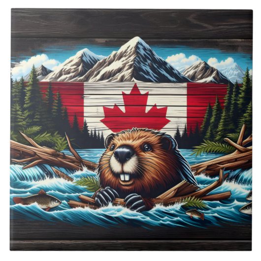 Kanadischer Biber mit Fahne im Gebirgsbach Fliese (Vorderseite)