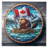 Kanadischer Biber mit Fahne in der Bergwelt Fliese (Vorderseite)