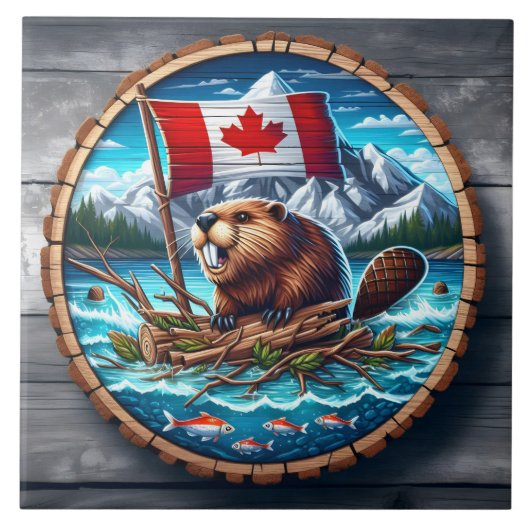 Kanadischer Biber mit Fahne in der Bergwelt Fliese (Vorderseite)