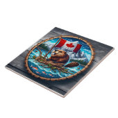 Kanadischer Biber mit Fahne in der Bergwelt Fliese (Seite)