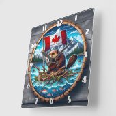 Kanadischer Biber mit Fahne in der Bergwelt Quadratische Wanduhr (Winkel)