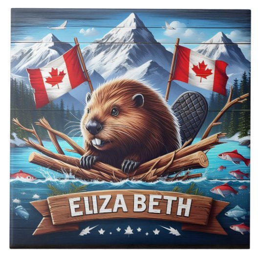 Kanadischer Biber mit Fahnen in Berglandschaft Fliese (Vorderseite)