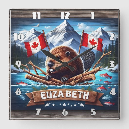 Kanadischer Biber mit Fahnen in Berglandschaft Quadratische Wanduhr (Vorderseite)