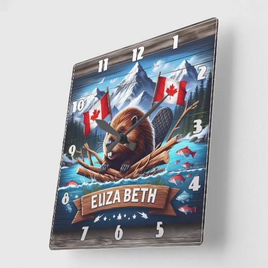 Kanadischer Biber mit Fahnen in Berglandschaft Quadratische Wanduhr (Winkel)