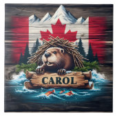 Kanadischer Biber mit kanadischem Flaggenhintergru Fliese (Vorderseite)