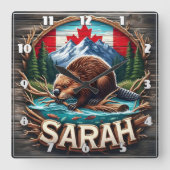 Kanadischer Biber mit Wasser mit Bergen und Bäumen Quadratische Wanduhr (Vorderseite)