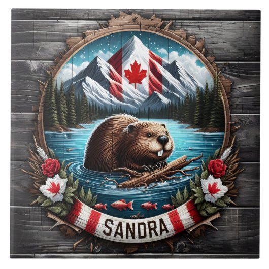 Kanadischer Biber Schwimmen im Kleinen Berg See Fliese (Vorderseite)