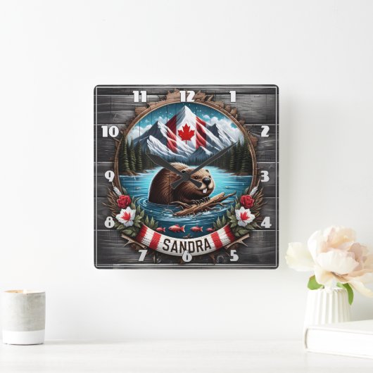 Kanadischer Biber Schwimmen im Kleinen Berg See Quadratische Wanduhr (Zuhause)
