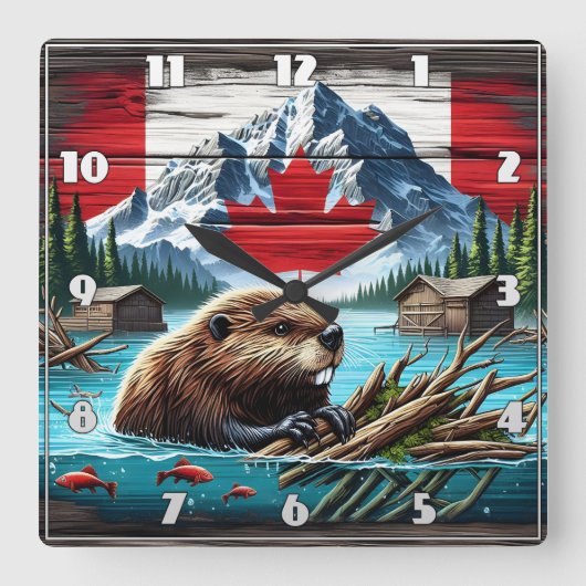 Kanadischer Biber Schwimmen in der Nähe von rustik Quadratische Wanduhr (Vorderseite)