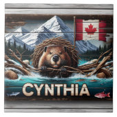 Kanadischer Biber vor den Bergen und der Flagge Fliese (Vorderseite)