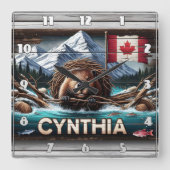 Kanadischer Biber vor den Bergen und der Flagge Quadratische Wanduhr (Vorderseite)