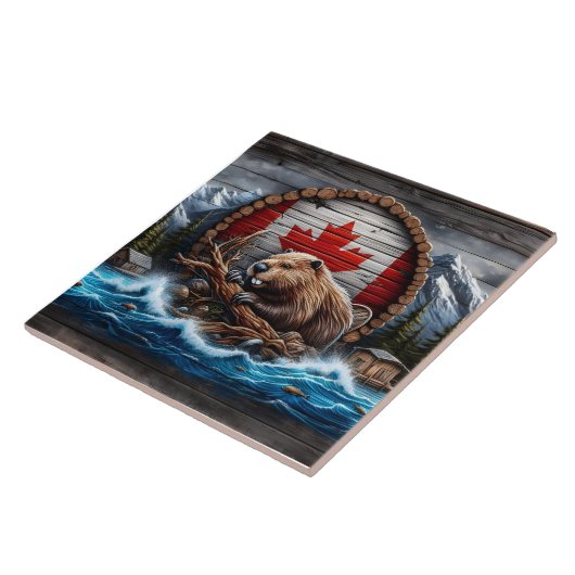 Kanadischer Biber vor der Berglandschaft Fliese (Seite)