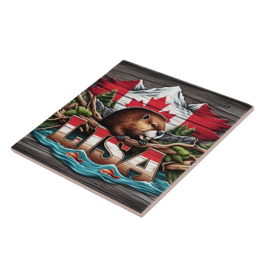 Kanadischer Biber zwischen Bäumen und Bergen Fliese (Seite)