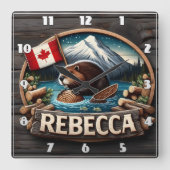 Kanadisches Biberholz unter kanadischer Flagge Quadratische Wanduhr (Vorderseite)