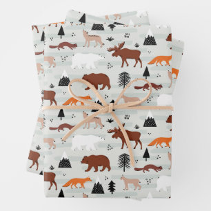 Kanadisches Wildtiermuster Elch Bär Fuchs Wolf Geschenkpapier Set
