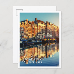 Kanal bei Sonnenuntergang Amsterdam Niederlande Postkarte