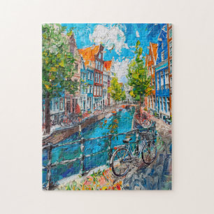 Kanal mit Fahrrädern und farbenfrohen Häusern Male Puzzle