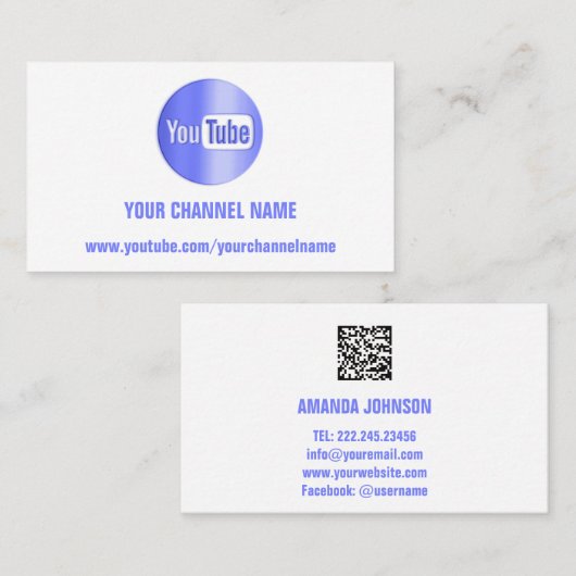 KANAL NAME YOU TUBER LOGO QR CODE BLUE WHITE VISITENKARTE (Vorne/Hinten)