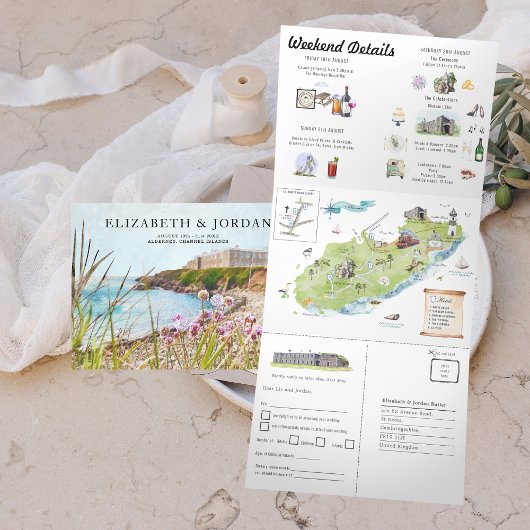 Kanalinseln | Illustrierte Hochzeit Dreifach Gefaltete Einladung