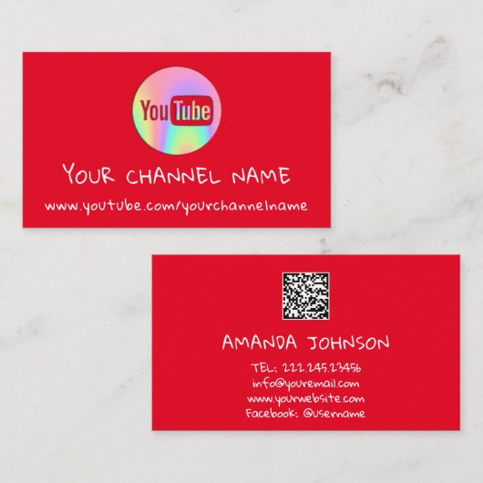 KANALNAME YOUTUBER LOGO QR CODE ROT VISITENKARTE (Vorne/Hinten)