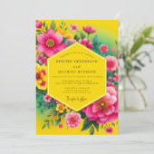 Kanarien-Fuchsien-Flora-Hochzeit Einladung (Stehend Vorderseite)