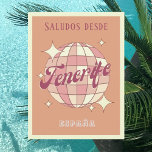 Kanarische Inseln Teneriffa Vintages Party Postkar Postkarte<br><div class="desc">Teneriffa Isla de España,  Kanareninsel Spanien,  Retro Vintag Design mit einer Diskothek in Rosa und Aprikosenpfirsichfarben. Diese schöne Postkarte ist eine perfekte Grußkarte für Teneriffa-Bewohner,  Besucher,  Touristen oder Fans.</div>
