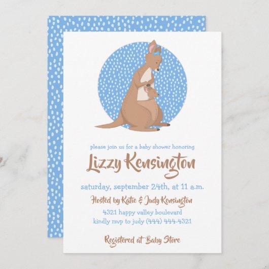 Kangaroo Baby Dusche Blaues Muster Einladung (Vorne/Hinten)