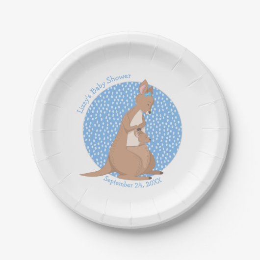 Kangaroo Baby Shower Tan und Blue Pattern Pappteller (Vorderseite)