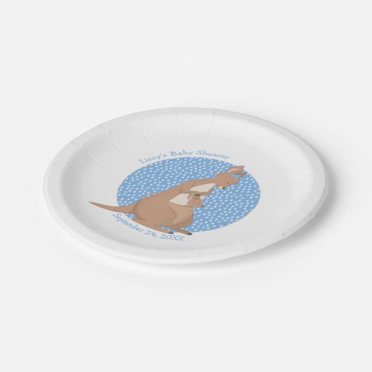 Kangaroo Baby Shower Tan und Blue Pattern Pappteller (Schrägansicht)