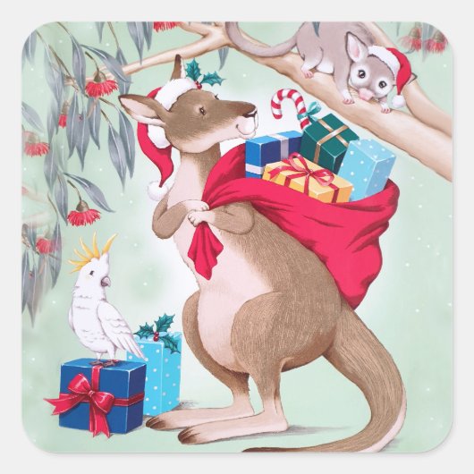 Kangaroo Christmas - Australische Weihnachtskunst Quadratischer Aufkleber (Vorderseite)