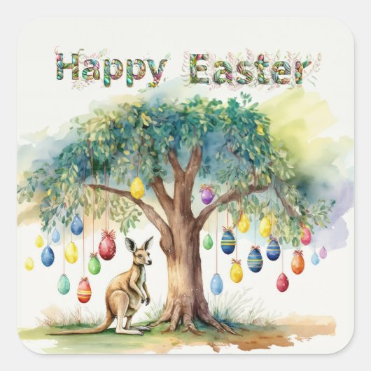 Kangaroo unter dem Gumbaum mit Ostereiern Quadratischer Aufkleber (Vorderseite)