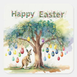 Kangaroo unter dem Gumbaum mit Ostereiern Quadratischer Aufkleber