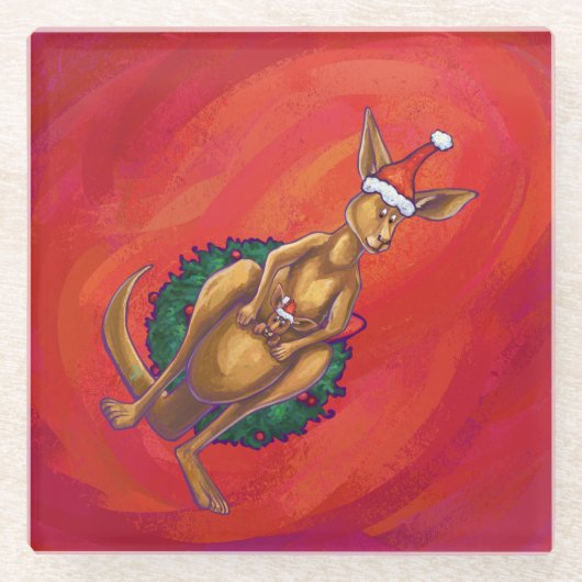 Kangaroo Xmas on Red Glasuntersetzer (Vorderseite)