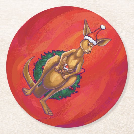 Kangaroo Xmas on Red Runder Pappuntersetzer (Vorderseite)