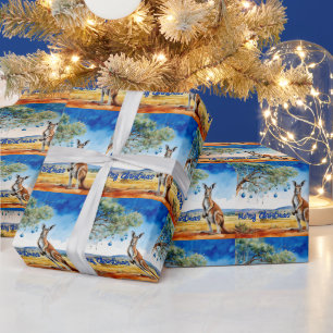 Känguru unter Gummibaum mit Weihnachtsbaumschmuck Geschenkpapier