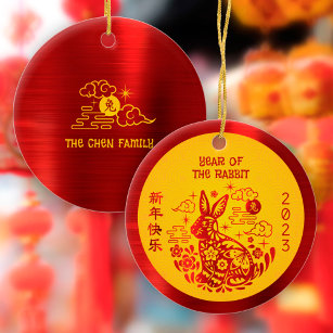 Kaninchen 2023 Chinesischer Mondfisch Neujahr Rote Keramik Ornament