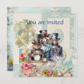 Kaninchen, Alice und Mad Hatter in Top Hats Einladung (Vorne/Hinten)