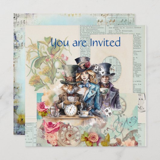 Kaninchen, Alice und Mad Hatter in Top Hats Einladung (Vorne/Hinten)