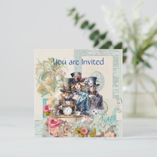 Kaninchen, Alice und Mad Hatter in Top Hats Einladung (Stehend Vorderseite)