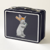 Kaninchen auf Cricket mit Cricket-Schläger Metall Brotdose (Rückseite)