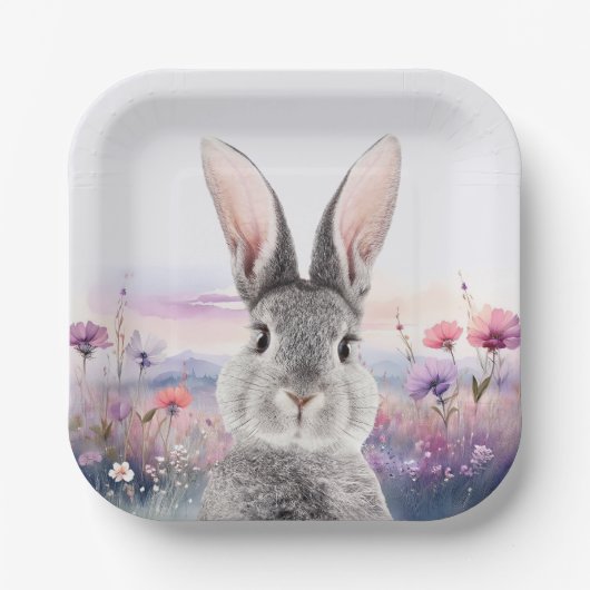 Kaninchen auf einem Gebiet von Wildblumen Pappteller (Vorderseite)