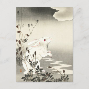Kaninchen auf Vollmondmalerei von Ohara Koson Postkarte