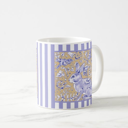 Kaninchen Bird Blaue Streifen Tan Blumenblättern Kaffeetasse (VorderseiteRechts)