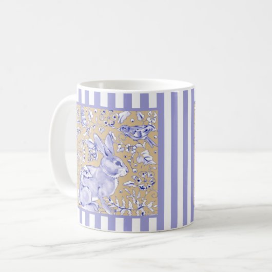 Kaninchen Bird Blaue Streifen Tan Blumenblättern Kaffeetasse (Vorderseite Links)